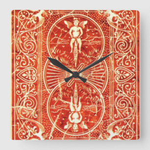 RED WHITE FLORAL SWIRLS AND ANGELS SQUARE WALL CLOCK