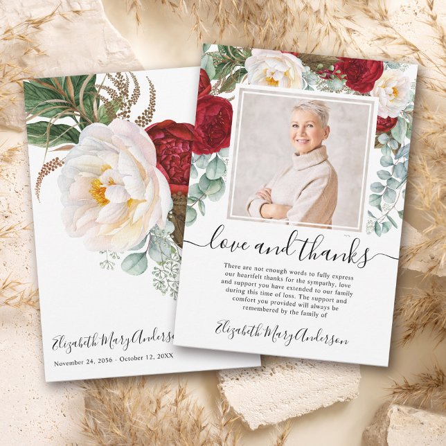 Red White Floral Thank You Bereavement Photo Card (Creator Uploaded)