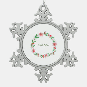 red white floral watercolor wreath add letter text snowflake pewter christmas ornament