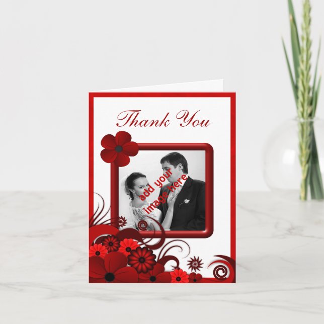 Red White Floral Wedding Thank You Photo Notecard (Front)