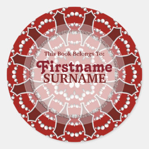 Red&White Flower Burst Bookplate Sticker