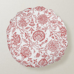 Red & White Flower Round Pattern Round Cushion