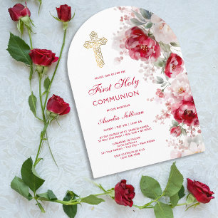 Red White Flowers Arch First Communion Invitation