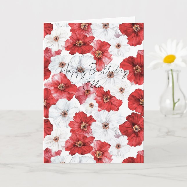 Red White Flowers Birthday Card (Small Plant)