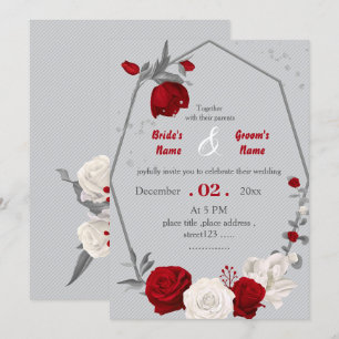 red & white flowers botanical geometric wedding invitation