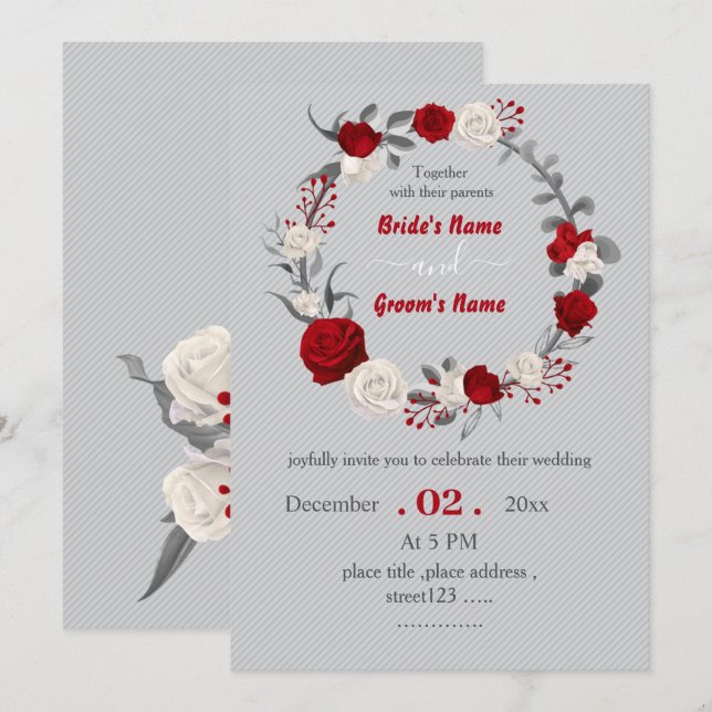 red & white flowers botanical wreath wedding invitation (Front/Back)