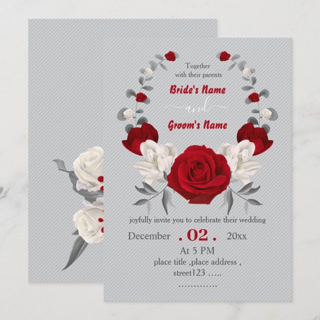 red & white flowers botanical wreath wedding invitation (Front/Back)