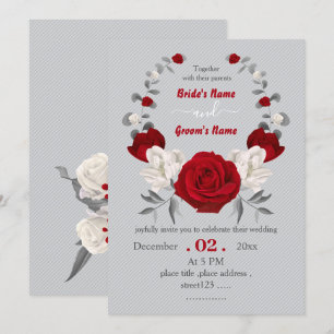 red & white flowers botanical wreath wedding invitation