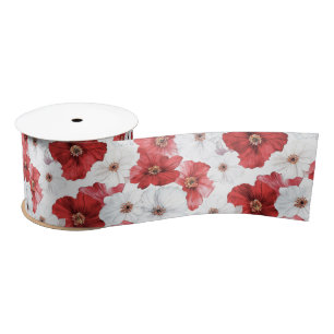 Red White Flowers Bridal Shower Satin Ribbon