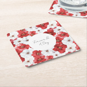 Red White Flowers Bridal Shower Wedding Square Paper Coaster