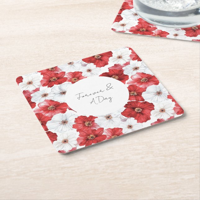 Red White Flowers Bridal Shower Wedding Square Paper Coaster (Angled)