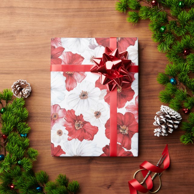 Red White Flowers Christmas Wrapping Paper (Holiday Gift)