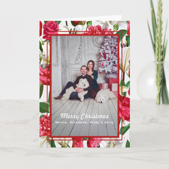 Red White Flowers Family Photo Merry Christmas Card (Front)