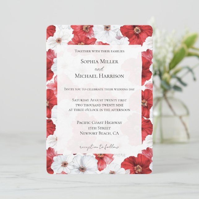 Red White Flowers Floral Wedding Invitation (Standing Front)