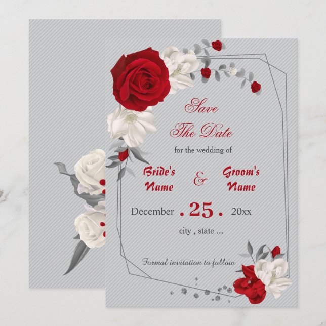 red & white flowers geometric save the date invitation (Front/Back)
