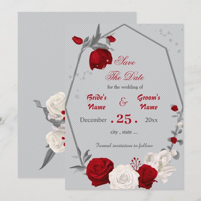 red & white flowers geometric save the date invitation (Front/Back)
