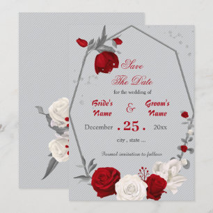 red & white flowers geometric save the date invitation