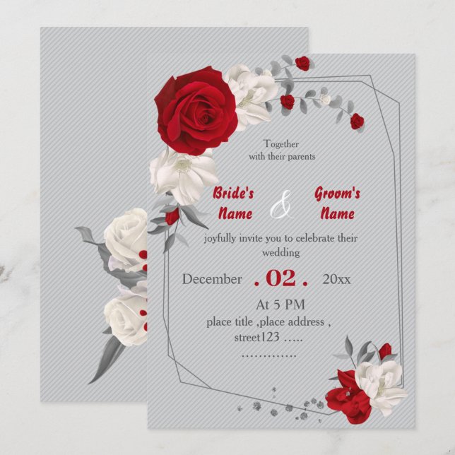 red & white flowers geometric wedding invitation (Front/Back)