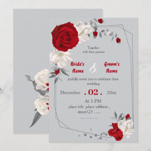 red & white flowers geometric wedding invitation