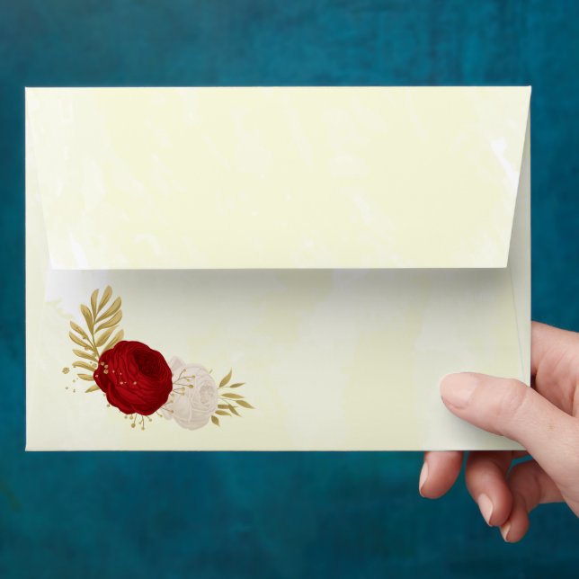 red & white flowers gold botanical wedding envelope (Hand)