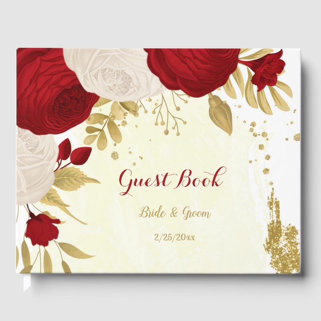 red & white flowers gold botanical wedding  guest book (Front)