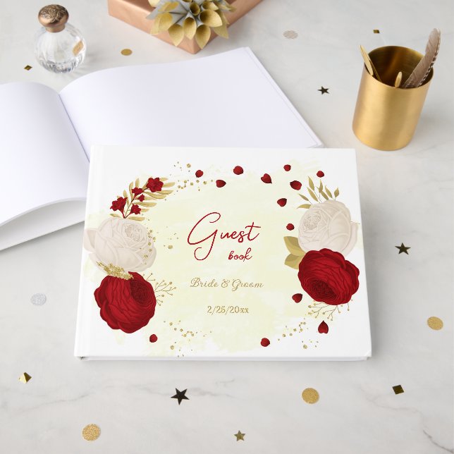 red & white flowers gold botanical wedding guest book (Front Open)