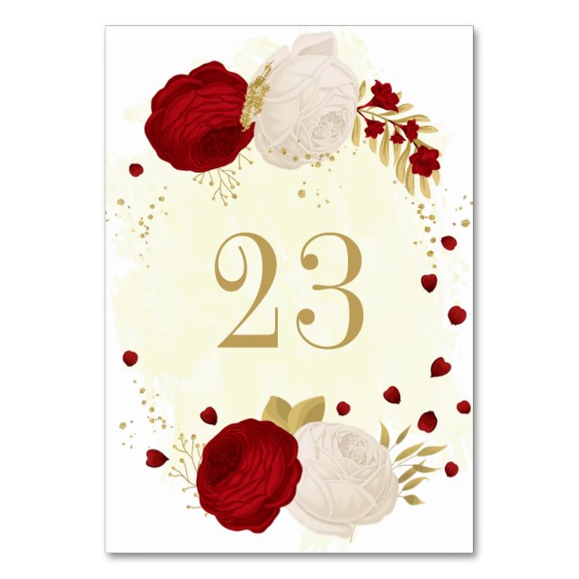 red & white flowers gold botanical wedding  table number (Front)