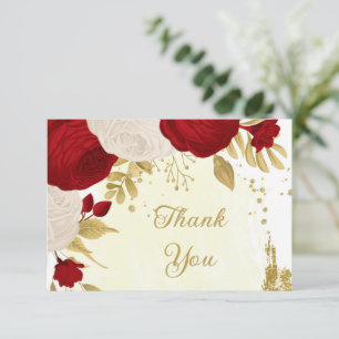 red & white flowers gold botanical wedding thank you card