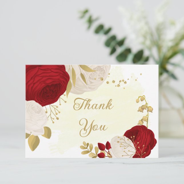 red & white flowers gold botanical wedding thank you card (Standing Front)