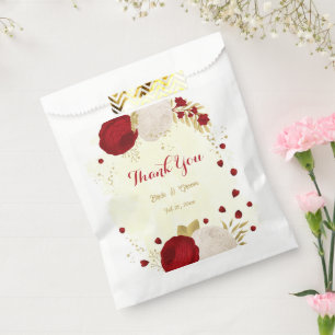 red & white flowers gold favour bags
