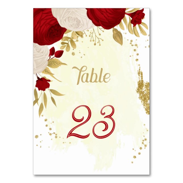 red & white flowers gold wedding table number (Front)