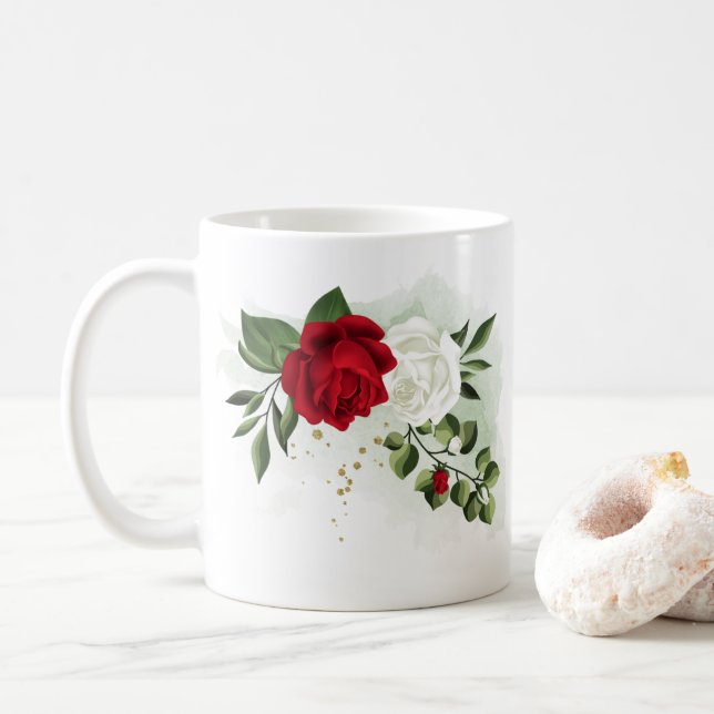 Red & white flowers greenery botanical coffee mug (With Donut)
