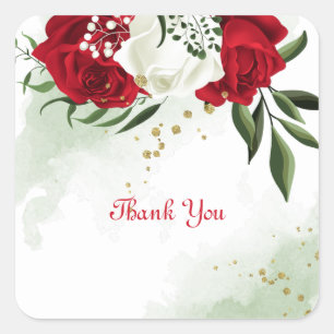 Red & white flowers greenery botanical square sticker