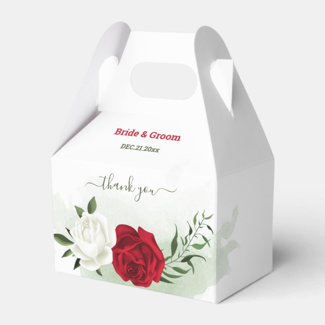 Red & white flowers greenery botanical wedding favour box (Front Side)