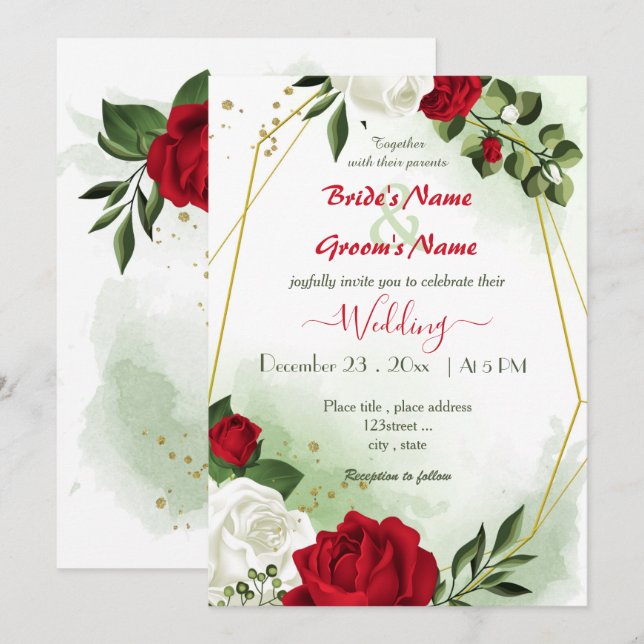 red white flowers greenery gold geometric wedding invitation (Front/Back)