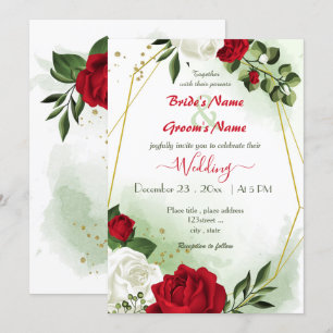 red white flowers greenery gold geometric wedding invitation