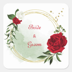 Red & white flowers greenery gold wreath square sticker