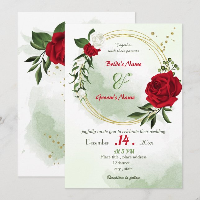 red white flowers greenery gold wreath wedding invitation (Front/Back)