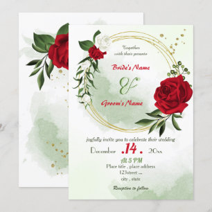 red white flowers greenery gold wreath wedding invitation