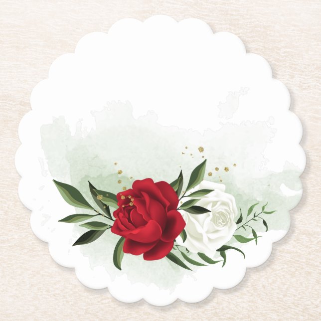 Red & white flowers greenery  paper coaster (Front)