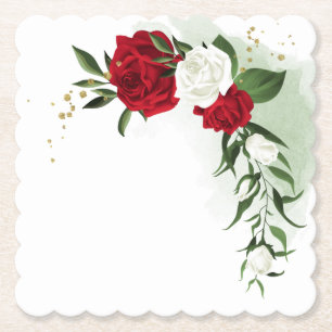 Red & white flowers greenery paper coaster