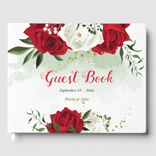 red white flowers greenery wedding guest book (Front)