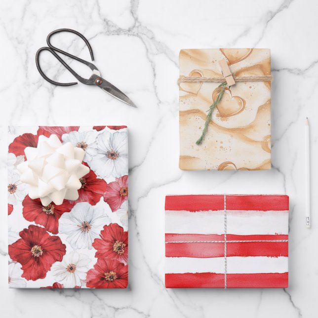 Red White Flowers Hearts Sand Bridal Shower Wrapping Paper Sheet (Front)