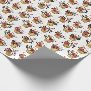 Red & White Flowers in Baskets on White Wrapping Paper