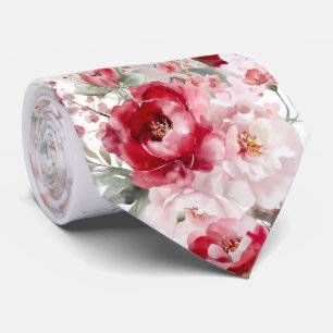 Red White Flowers Neck Tie