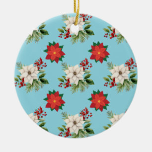 Red & White Flowers On A Green Light Background Ceramic Tree Decoration