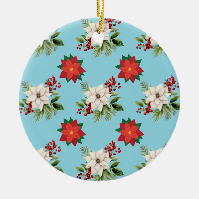 Red & White Flowers On A Green Light Background  Ceramic Tree Decoration (Front)