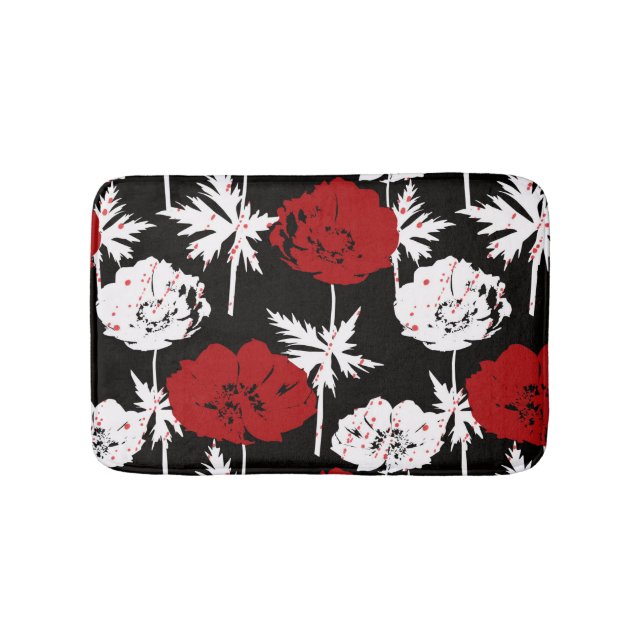 Red, white flowers on black. bath mat (Front)