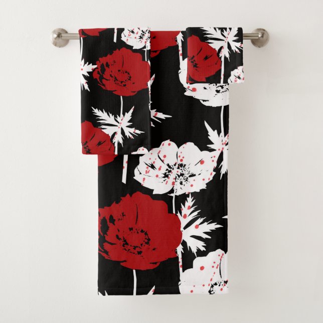 Red, white flowers on black . bath towel set (Insitu)
