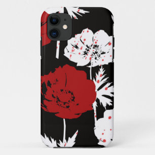 Red, white flowers on black iPhone 11 case